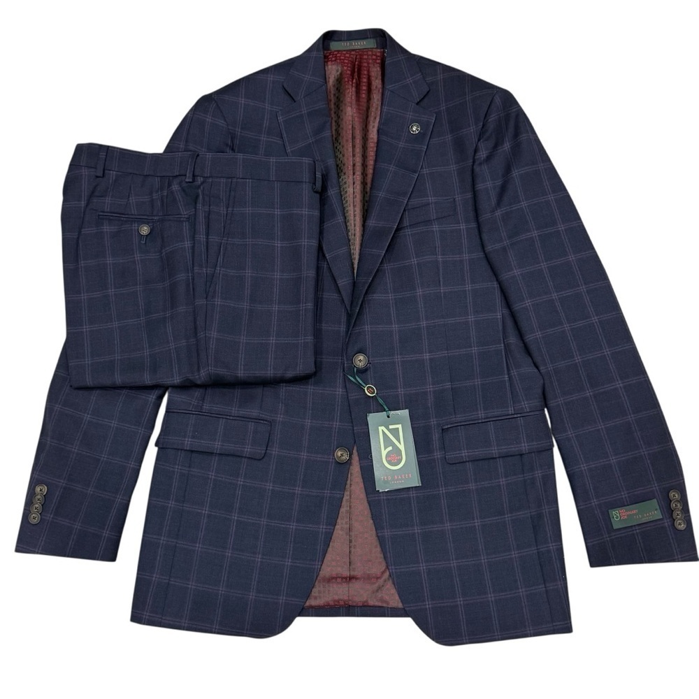 Ted Baker London No Ordinary Joe Jake 100% Wool Suit Navy Windowpane 40Long 34W